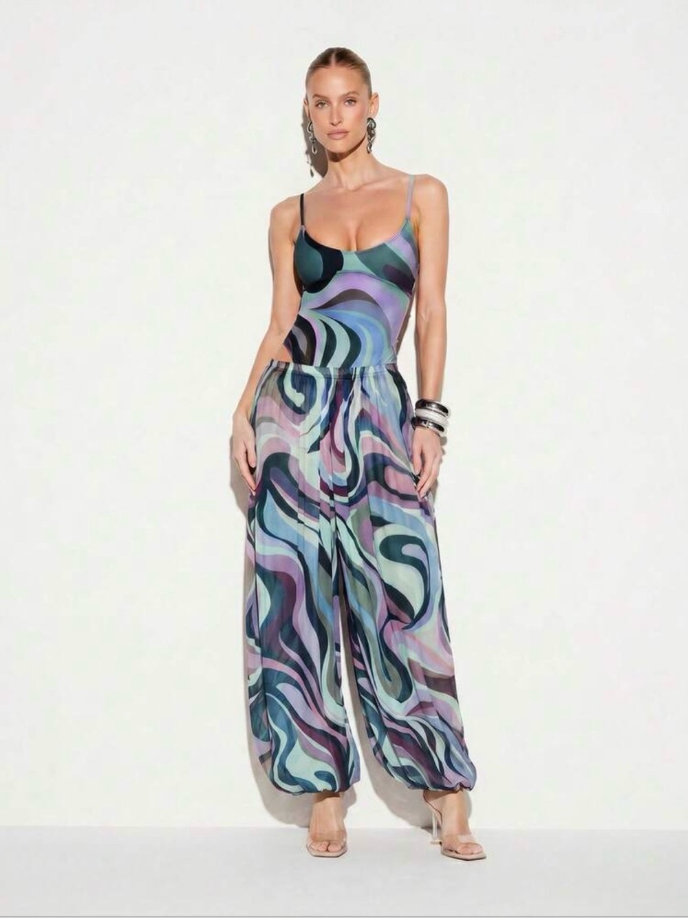Printed Multicolored Swirl Mesh Pants